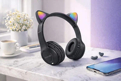 Бездротові навушники з котячими вушками та лід підсвіткою Cat Ear Y47 Led, Bluetooth навушники з мікрофоном Чорний