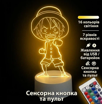 3D LED-нічник «D. Luffy , Д. Луффі» з RGB-підсвіткою , 16 кольорів , пульт