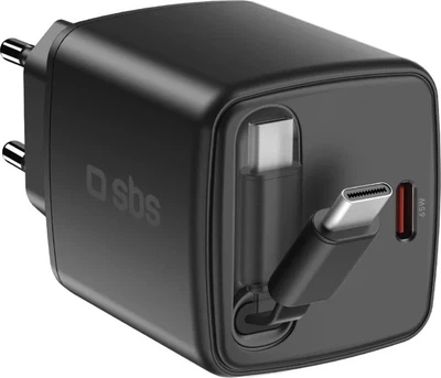Ładowarka sieciowa SBS 65W GaN PD USB-C Retractable Cable Black (TETRRET65WK)