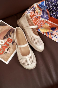Элегантные балетки PARADIZE SHOES кожаные светло-бежевого цвета с текстильными вставками сеткой на низкой подошве 38 размер (стелька 25,4 см)