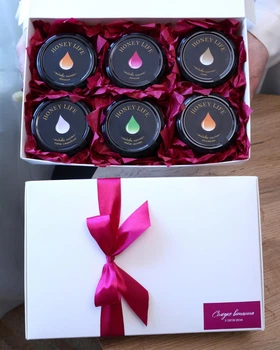 Набір з медовою пастою Peony Box (6×140 г) — подарунок жінці, мамі, коханій на День народження або інше свято. TM Honey Life