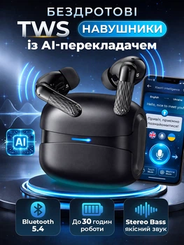 Бездротові навушники з AI перекладачем у реальному часі G63 TWS earphone bluetooth 5.4 hd мікрофон андроїд айфон low latency stereo bass зарядний кейс usb c 30 годин роботи вакуумні ігрові спортивні для iOS Android Чорні