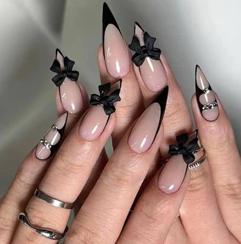 Накладные ногти Nail чорний френч з бантиками, форма стилет, середні, 24 шт