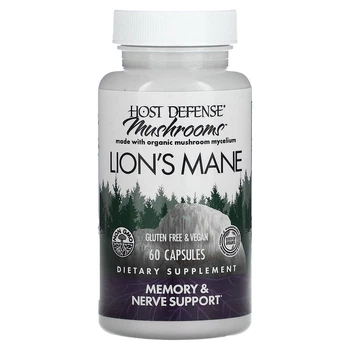 Їжовик гребінчастий, Lion's Mane, Fungi Perfecti, Host Defense, підтримка пам'яті та нервів, 1 г, 60 вегетаріанських капсул (FPI-03162)