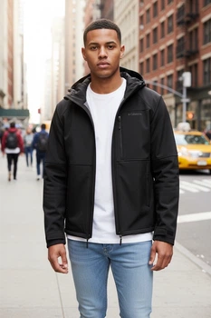 Куртка мужская Softshell на флисе большие размеры XL–5XL демисезонная ветроустойчивая с капюшоном, Черный, XXXL