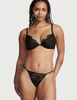 Комплект Білизни Victoria's Secret Very Sexy Shine Strappy Unlined Lace Low-Cut Demi Bra & Very Sexy Shine Strap Cutout Back Thong Panty Чорний 34DD-M