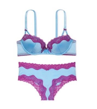 Комплект білизни VICTORIA'S SECRET Tease Push-Up Bra Set Bikini Blue (Бюстгальтер +трусики)Блакитний з рожевим 34D-L