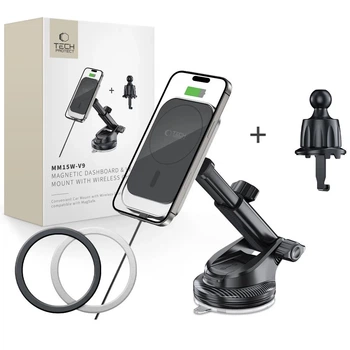 Автодержатель с функцией беспроводной зарядки Tech-Protect MM15W-V9 Magnetic Dashboard & Vent Car Mount Wireless Charger 15W Black with MagSafe (59063