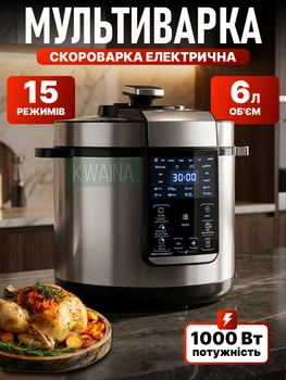 Мультиварка-скороварка на 6 л з антипригарною чашею, 15 програм, сенсорна панель та дисплей, таймер та підігрів