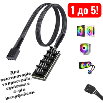 ШИМ-концентратор для 5 вентиляторов 4-pin PWM с оплеткой Вентиляторный концентратор Разветвитель питания для кулера
