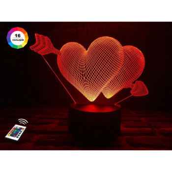 3D ночник подарочная ночная LED лампа светодиодный светильник Два сердца со стрелой с пультом ДУ 16 цветов адаптером на usb батарейках из акрила для дома спальни детской оригинальный романтический подарок девушке жене 3DTOYSLAMP