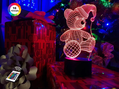 3D нічник подарункова нічна LED лампа світлодіодний світильник Ведмедик новорічний з пультом ДК 16 кольорів адаптером на usb батарейках з акрилу для будинку спальні дитячої оригінальний романтичний подарунок дівчині дружині 3DTOYSLAMP