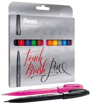 Перо/пензлик PENTEL для каліграфії SES15 12 кольорів (5902894023156)