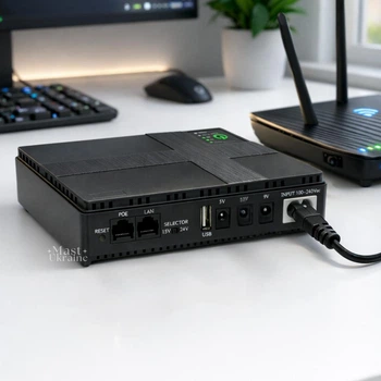 Источник бесперебойного питания для роутера UPS Power Bank 10400 mAh с выходами 5V 9V 12V и POE 15V/24V, универсальный бесперебойник ИБП для сетевого оборудования, интернета, модема, видеонаблюдения Черный, NET-36-Black