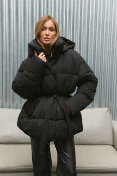 Пуховик з поясом на замку OW002 2504121040409 L/XL Чорний