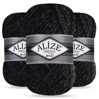 Упаковка Alize Super Lana Maxi, Антрацит жаспе №800, 3шт - товста напіввовняна пряжа для шапок, шарфів і снудів - Алізе Супер Лана Максі 100г/100м