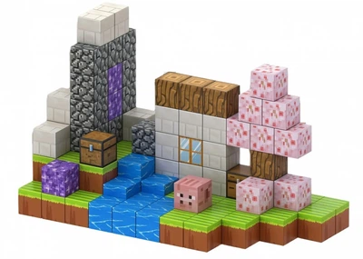Магнитный конструктор Minecraft Домик с Сакурой и водой на 110 кубиков