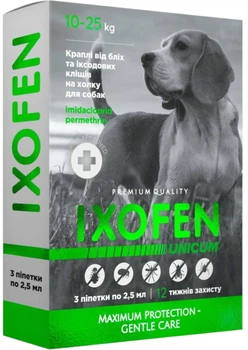 Капли на холку Unicum Ixofen от блох, иксодовых клещей и комаров для собак 10-25 кг 3 пипетки х 2.5 мл (4820275973214)