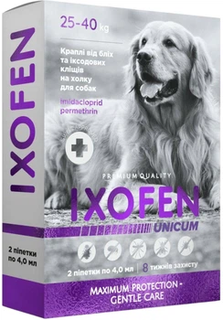 Капли на холку Unicum Ixofen от блох, иксодовых клещей и комаров для собак 25-40 кг 2 пипетки х 4 мл (4820275973221)