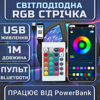 Світлодіодна чорна RGB стрічка комплект 1м з пультом на 24 кнопки та Bluetooth, 60 світлодіодів на метр, USB 5V