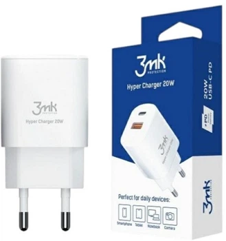 Мережевий зарядний пристрій 3MK Hyper GaN Charger 20 W 1 x USB Type-C + 1 x USB-A PD/QC (5903108447003)