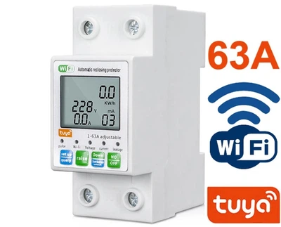 Розумний WiFi автоматичний вимикач Tuya Smart 63A з контролем напруги, струму, з лічильником електроенергії та захистом від перенапруги, реле. DIN-рейка WTDZW-63A