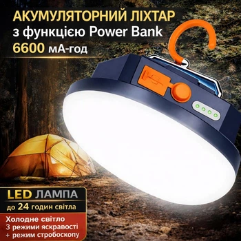 Фонарь лампа светильник Mos Lighting повербанк 6600 mAh мощный фонарик на аккумуляторе MOS-13 туристический LED влагозащищенный функция Power Bank кемпинговый походный аварийный ночник с магнитом 15 Ватт USB Type-C холодный свет