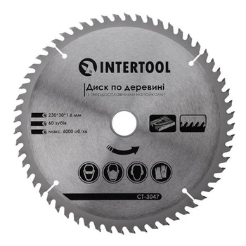 Диск пильний по деревині 230x30x1.6 мм, 60 зубів INTERTOOL CT-3047