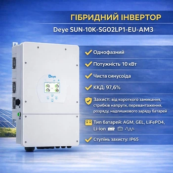 Гібридний інвертор Deye SUN-10K-SG02LP1-EU-AM3 10 кВт 1-фазний з Wi-Fi моніторингом та 3 MPPT