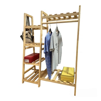 Напольная деревянная вешалка-стойка с полками — рейл для одежды и обуви (118 см)
