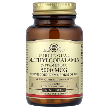Вітамін В12, SOLGAR "Sublingual Methylcobalamin (Vitamin B12)" метилкобаламін, 5000 мкг (60 жувальних таблеток)