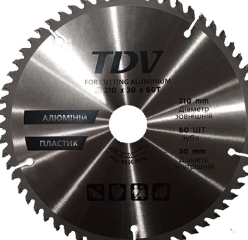 Диск пильный по алюминию, ламинату, пластику TDV 210×60×30 мм (циркулярный, твердосплавный, для торцовочной и циркулярной пилы)