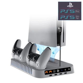 Мультифункциональная подставка DOBE с охлаждением для консоли PlayStation 5: PS5 / PS5 Slim / PS5 Pro + Зарядная станция для геймпада DualSense / DualSense Edge+ RGB / LED подсветка + Стойка под 13 дисков + Крепление-крючок для наушников