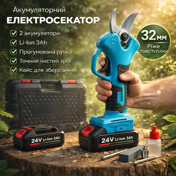 Электросекатор аккумуляторный 24V FML-3 садовые ножницы для обрезки веток до 32мм, аккумуляторный секатор в кейсе + 2 Li-Ion аккумуляторы 3 Ач, беспроводной садовый инструмент для сада и дачи, профессиональный кусторез с прорезиненной ручкой синий
