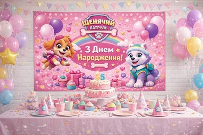 Бумажный плакат "Щенячий патруль. Скай и Эверест. Skye & Everest. С днем рождения" размер 120х75см