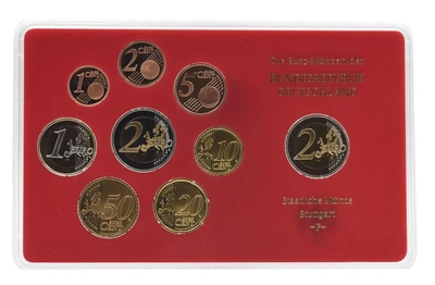 Набор монет Германия набор из 9 монет евро 2008 UNC F 1, 2, 5, 10, 20, 50 евроцентов, 1, 2 евро, памятная 2 евро Блистер