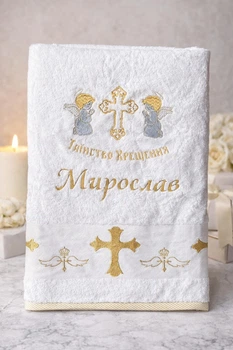 Крижма з іменною вишивкою Мирослав «Таїнство Хрещення», янголи — 70×140 см