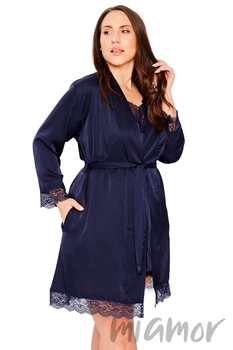 Халат сатиновый большого размера Mona Satin Robe Lace Navy 5XL Темно-синий
