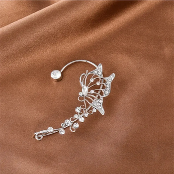 Каф кліпс на вухо блискучий кришталевий ельф-метелик без проколу кліпса сережка метелик з камінням