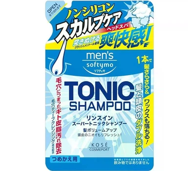 Мужской шампунь с ментолом KOSE Men's Softymo Rinse-in Super Tonic Shampoo, пополнение 400 мл