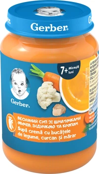 Пюре овоче-м'ясне Gerber Стерилізоване Весняний суп зі шматочками овочів, індичкою та кропом для дітей із 7 місяців 190 г (8445292315401)