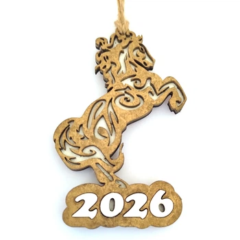 Новорічна іграшка "Рік Коня 2026" з магнітом 10х6.5 см Золотистий ХДФ