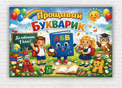 Паперовий плакат "Прощавай, букварику. 1 клас" на свято Букваря. День Букваря, розмір - 110х75 см