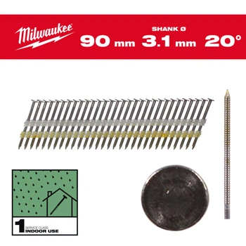 Гвозди с кольцевой накаткой и круглой головкой MILWAUKEE, 3,1х7,4мм/20 градусов/90мм (1750шт) (4932492590)