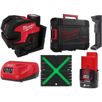 Нивелир линейно-точечный лазерный аккумуляторный 4 точечного MILWAUKEE, M12 CLL4P-301C зеленый луч (зарядное устройство С12 С, 1