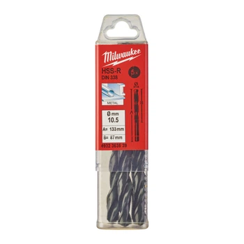 Сверло по металлу HSS-R MILWAUKEE DIN338, диаметр 10,5х133х87мм, (5шт), пластиковая коробка