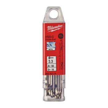 Сверло по металлу HSS-G MILWAUKEE, DIN 1412 C, диаметр 3,3х49х12мм, двустороннее, (10шт), пластиковая коробка