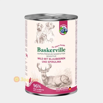 Консервированный корм Baskerville Sensitive для собак, оленина с черникой и спирулиной, 400г
