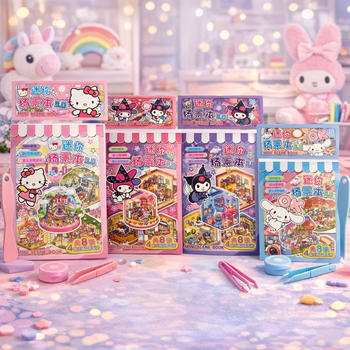 Игровой набор 4 румбокса Hello Kitty, Kuromi, My Melody, Cinnamoroll Mini World Scenic Book 3D с наклейками, пинцетом и прижимом T