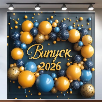 Фотозона на выпускной Выпуск 2026 венок из синих и золотых шариков на темном фоне баннер 160x160см, №41002